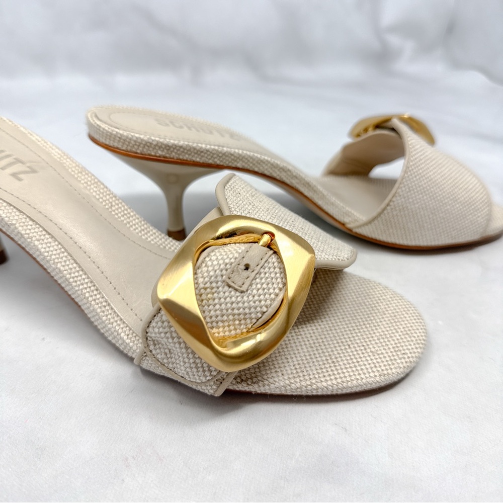 NEW Schutz Olga 55 Brushed Buckle Textured Linen Canvas Kitten Heel Sandals 6 - Picture 2 of 13